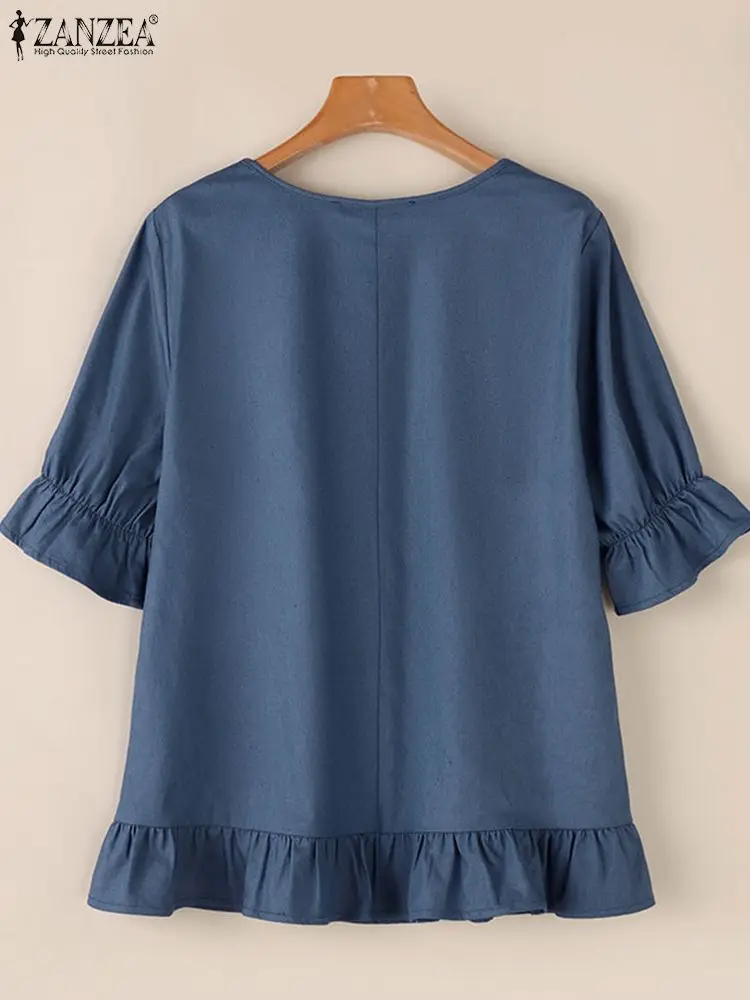 ZANZEA Casual Loose O Neck Blusas Mujer Half Sleeve Solid Women Leisure Shirt Tops Ruffled Trim Fashion Denim Blue Blouses