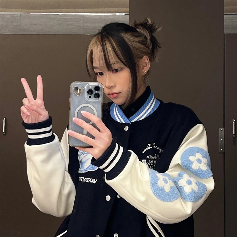 Vintage Vandythepink flocked autumn/winter embroidered baseball jersey rabbit limited jacket high street casual fashion jacket