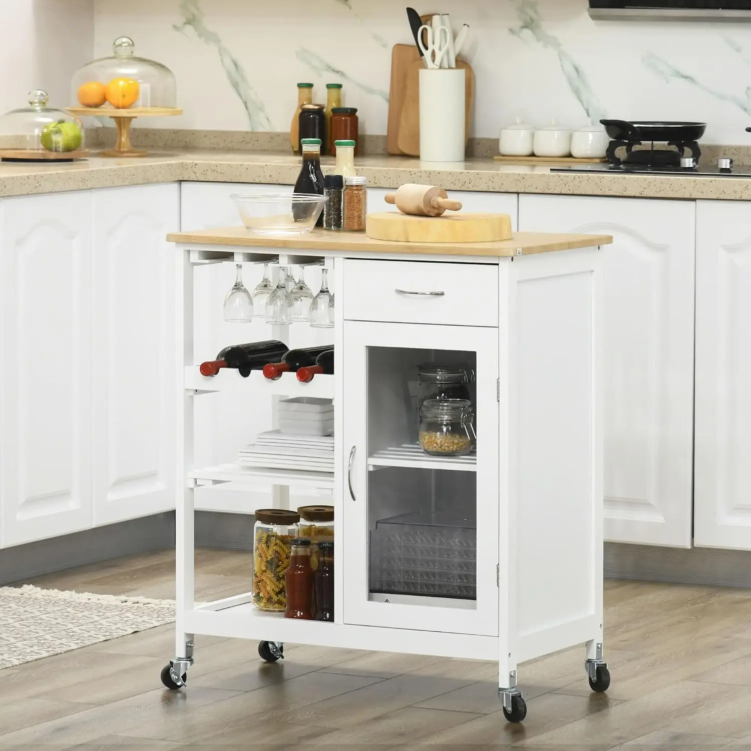 

Rolling Kitchen Island with Storage, Kitchen Cart with 4-Bottle Wine Rack, Bar Cart with Stemware Holder, Shelves