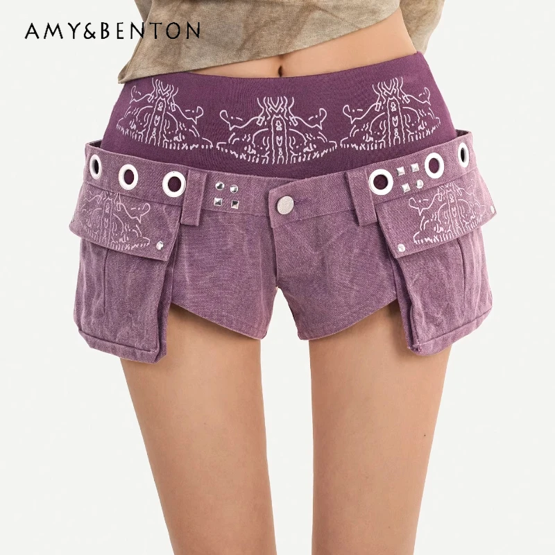 

Original Design Retro Hot Girl Multi-pocket Cargo Women's Shorts 2026 Spring Model Purple Slimming Straight Casual Pants Ladies