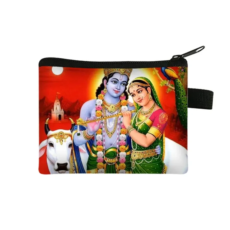 Indian Gods Radha Krishna Print Coin Purse Ganesha Ganapati Money Coin Bag  Elephant God Credit Card Holder Small Wallet Gift