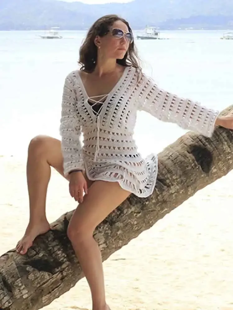 Chic Knit Tassels Cut Out V-neck Long Sleeve White Beach Mini Dress 2024 Women Sexy Summer Vacation Swimwear Cover Up Tunic K27