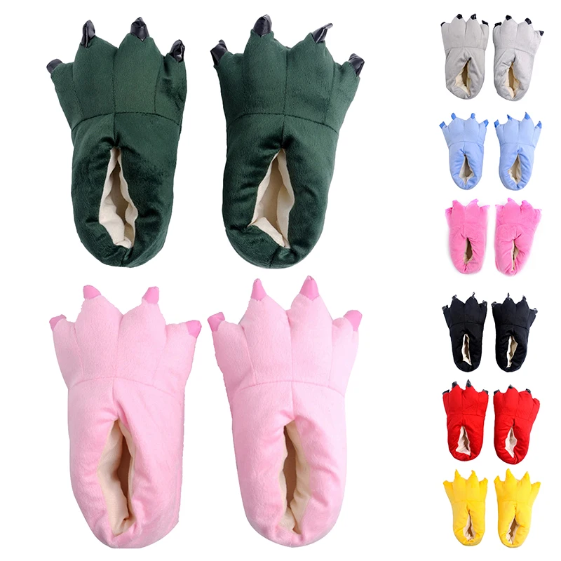 Winter Animal Slippers Tiger Dinosaur Wolf Panda Claw Cartoon Warm Home Cute Furry Kids Slippers Kawaii Shoes Pink Blue Thicken