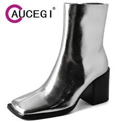 Aucegi 2023 Autumn Design Thick High Heel Genuine Leather Ankle Boot Fashion Square Toe Zipper Ladies Commuter Casual Shoes