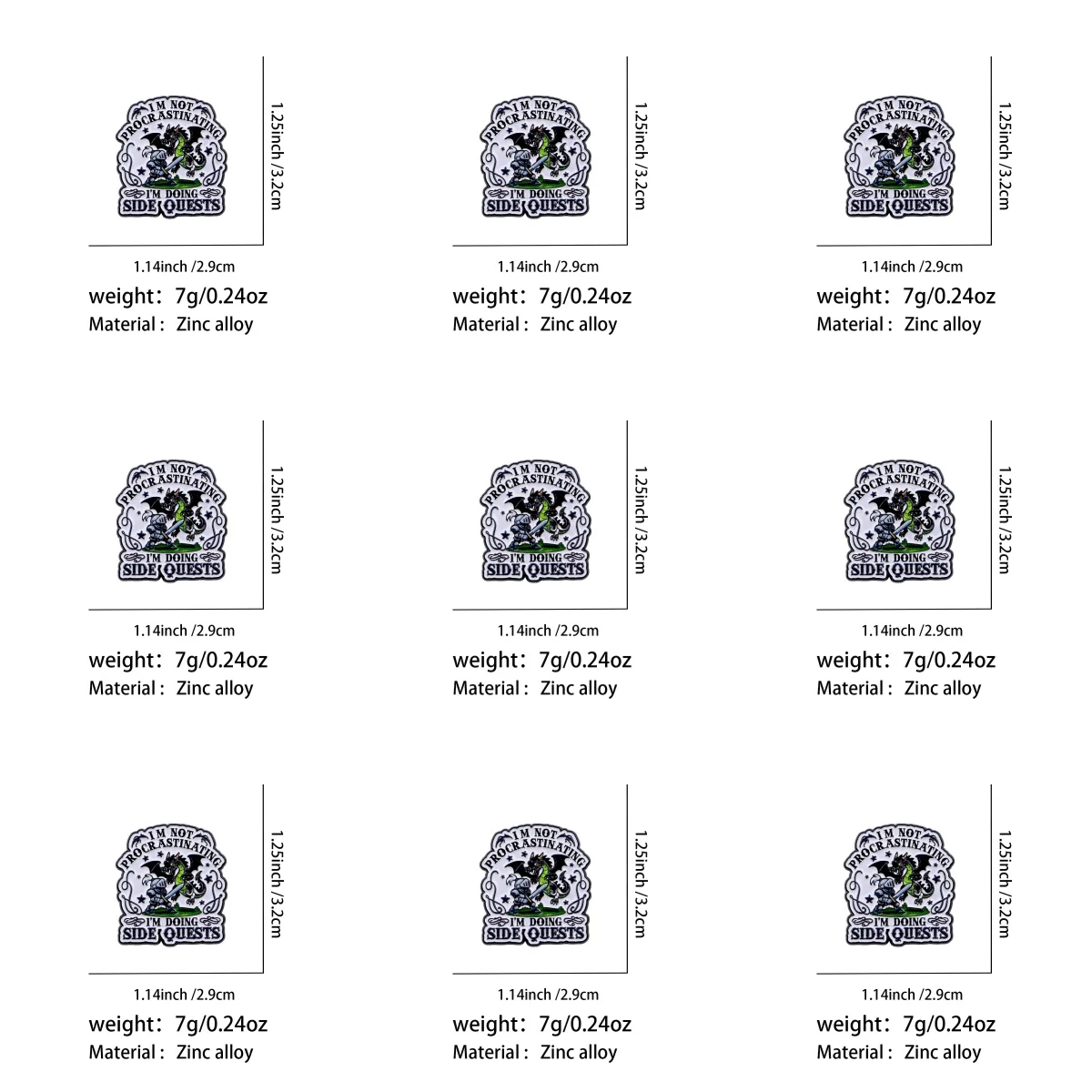 9 Stück Lustige Spiel-Zitat Emaille-Pins, Ritter vs. Drache Anstecknadel, Abzeichen "Ich zögere nicht, ich mache Nebenaufgaben", Geschenk-Pin – Detail 1