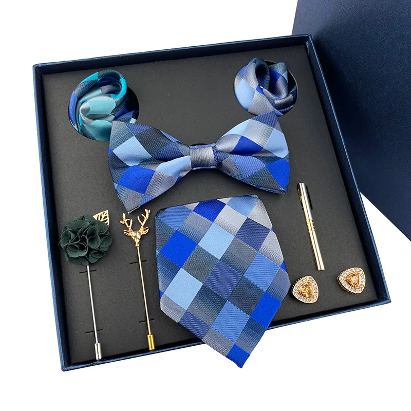 Geometric Print Cufflinks Clip Brooch Pocket Square Neck Tie Sets Men Business Wedding Party Necktie Scarf Bow Tie Handkerchief