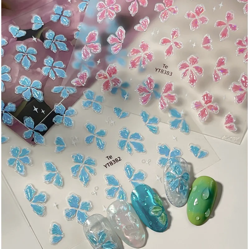 Ice-transparent feel green blue pink clover nail art sticker 5D embossed self-adhesive nail art sticker suitable DIY decoration