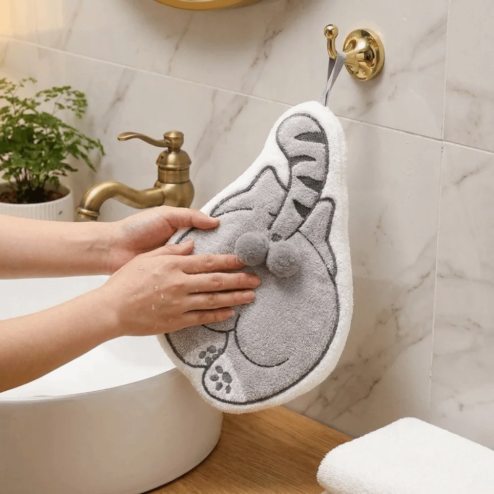 Cleaning Cloth Super Absorbent Cartoon Hand Towel Cat Pattern Thickened Kitchen Towel Soft Coral Fleece Wipe Cloth Dormitory