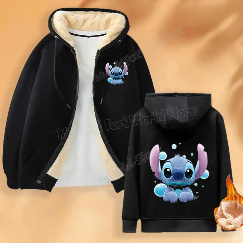 Kawaii Stitch Women Zip Up Fleece Hoodies Cartoon Printed Hood Sweatshirt Cute Female Hooded Pullover Ladies Winter Thicken Coat