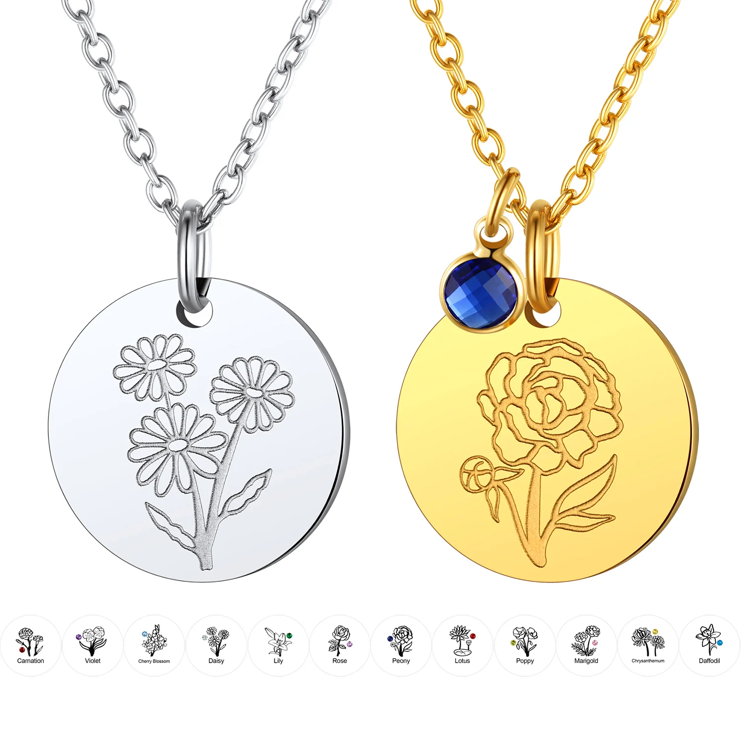 Round Birthstones Flower Necklaces for Woman Birth Flower Etch Pendant Chain Jewelry Gift for Girlfriend Mother Daughter