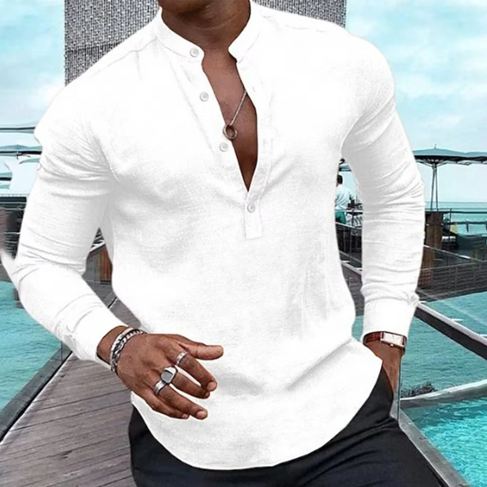 Masculina Casual Manga Longa Decote V Camisa Henley, Blusa de Botão Abaixo, Tops, Camisetas, Vários Tamanhos e Cores Disponíveis