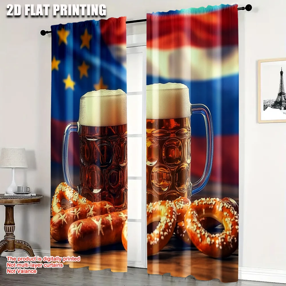 

2pcs, Print Curtains 2D plane printing Beer pretzels Durable 100% Polyester Fabric (without rod) Decorations Inside Use for