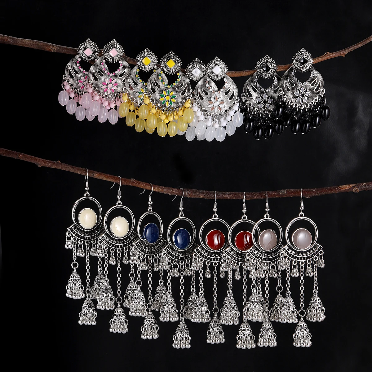 Boho New Round/Flower Geometric Long Earring Female Wedding Pendientes Ethnic Silver Plated Bell Tassel Earrings Jhumka Jewelry