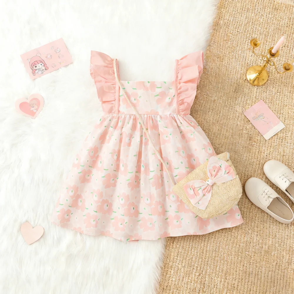 

Платья для девочек, летнее хлопковое платье с цветочным принтом для маленьких девочек, милое пляжное детское платье с подходящей сумкой, одежда для маленьких девочек