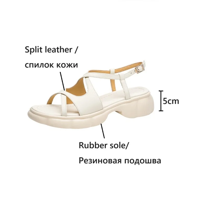 NEW Summer Women Sandals Round Toe Thick Heel Shoes Split Leather Shoes for Women Narrow Band Handmade Shoes Platform Sandals