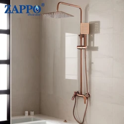 ZAPPO Solid Brass Rose Golden Shower Faucet Set Pink Bathroom Bathtub Mixer Rainfall Spray Hand Square Shower Shower Facuets