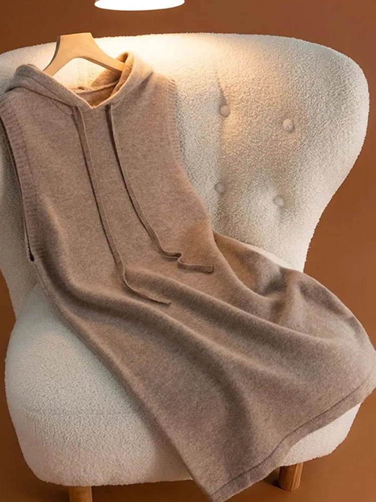 Comfortabele pure kleur Dstring hooded Svel Midi gebreide wollen trui voor dames Faionable gelaagdheid vestrok