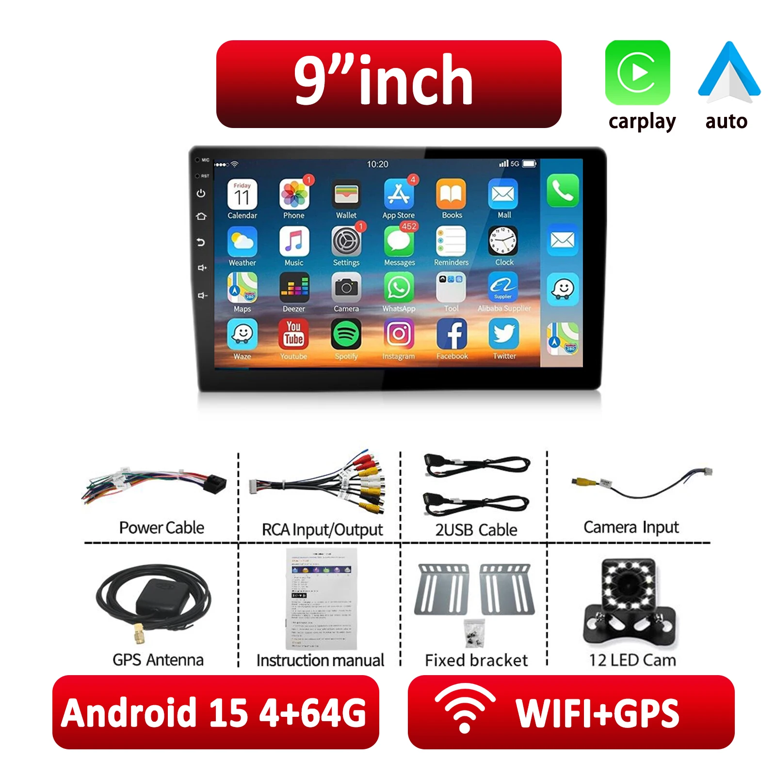 ESSGOO Android 15 autoradio draadloze Carplay Auto 2 Din 7"/9"/10" GPS-navigator MP5-speler glazen scherm Wi-Fi FM BT autostereo