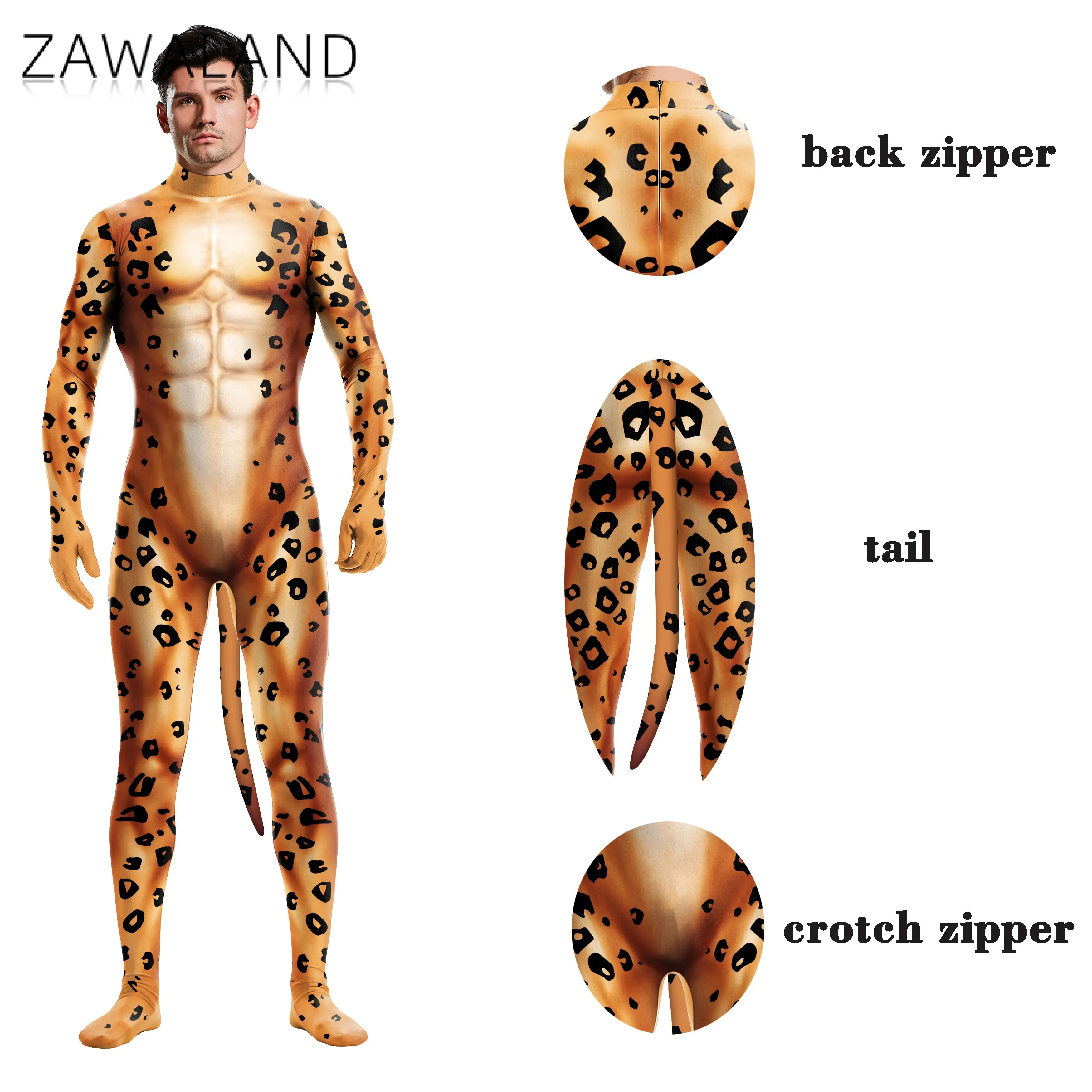 Zawaland adulto cosplay leopardo 3d impresso manga longa apertado terno zentai com cauda sexy magro traje elastano bodysuit terno do músculo