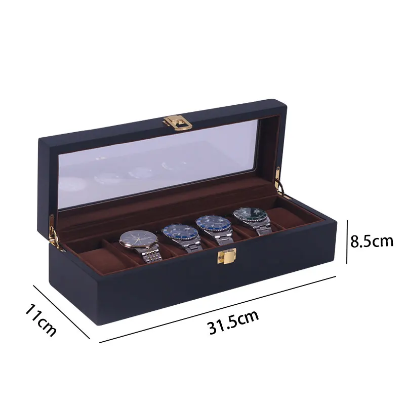 1PC Black Matte Spray Paint Inside Coffee Color 6-Digit Wooden Watch Storage Box Multi-Position Window Box