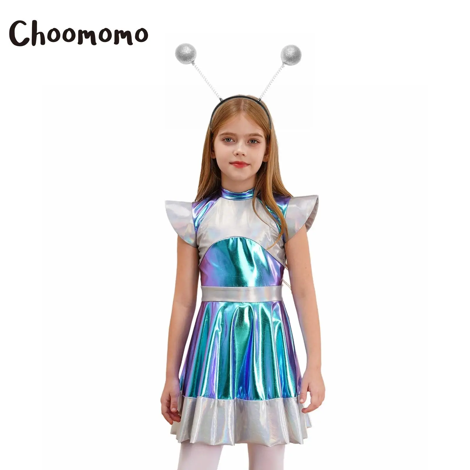 

Girls Halloween Alien Cosplay Costume Shiny Metallic Outer Space Cutie Dress Cap Sleeve Gradients A Line Tutu Dress +Hair Hoop