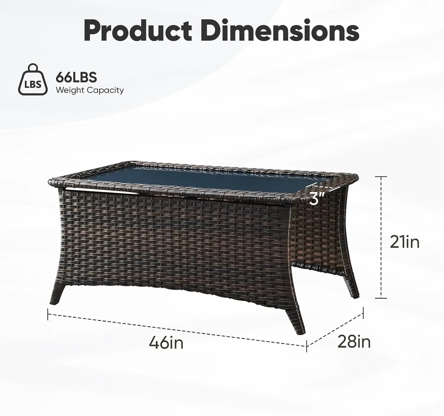Outdoor Coffee Table, Rectangle Patio Tea Table, Handwoven Rattan Furniture With Tempered Glass Top For Garden Backyard Porch Deck Lawn, Modern Coastal Style, Brown, One Piece