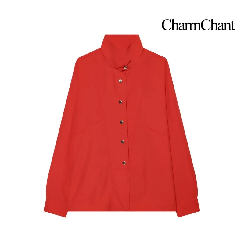 CHARMCHANT Women's Red Stand Collar Jacket Snap Button Closure Loose Fit Long Sleeve Coat Casual Outerwear Autumn Winter 2026