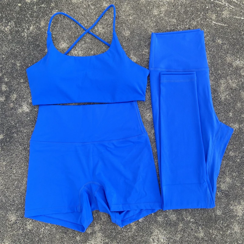 3 Piece Yoga Set Gym Sports Set Women Workout Outfit Fitness Suit Cross Straps Bra High Waist Shorts Leggings Running Tracksuit