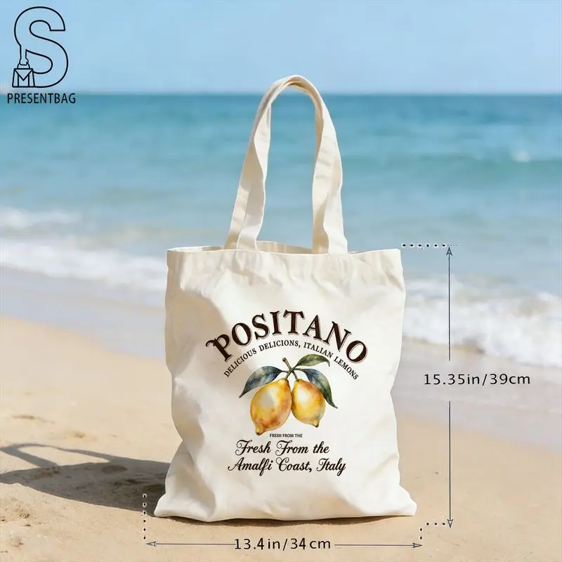 1pc, Italian Positano Golden Lemon Watercolor Art Print Canvas Bag, Amalfi Coast Style Handbag, Large Capacity Shopping Bag, Fas