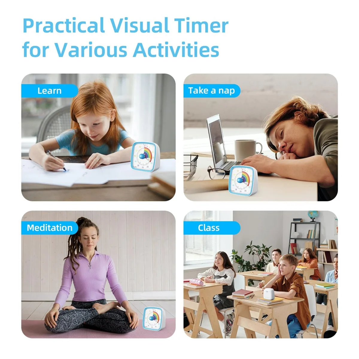 60-Minute Visual Timer with Night Light, Countdown Timer,Pomodoro Timer with Rainbow Pattern for Kids and Adults Blue