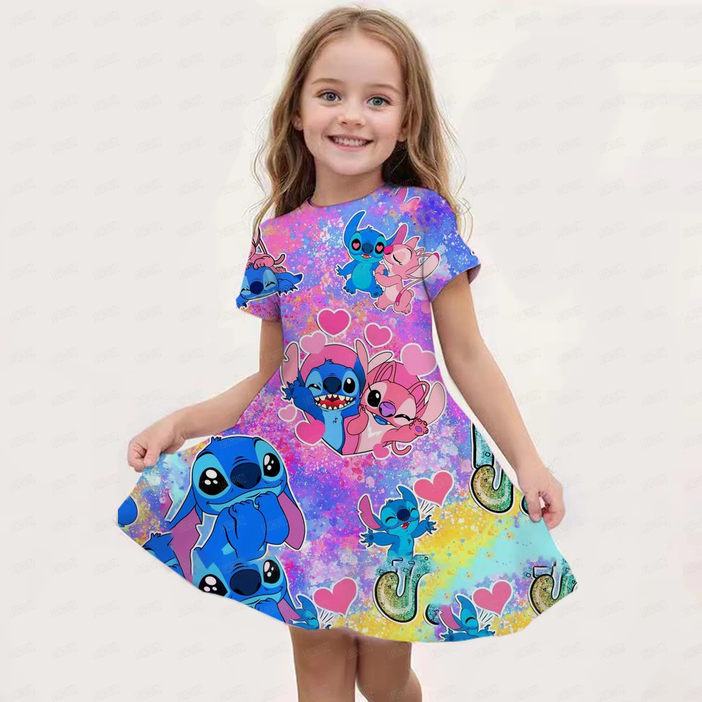 MINISO Summer Girls Dress Fashion Cartoon Lovely Stitch 3d Print Women Dresses Girls Short Sleeve Princess Dress Girls Clothing