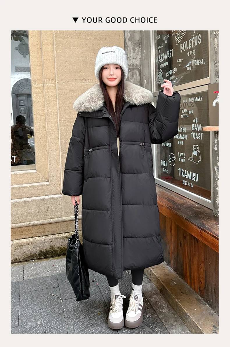 الشتاء المرأة سميكة سترة منفوخة مزيج القطن معطف مع كبير فو الفراء طوق Cinched الخصر التخسيس طول الركبة 2025 #3