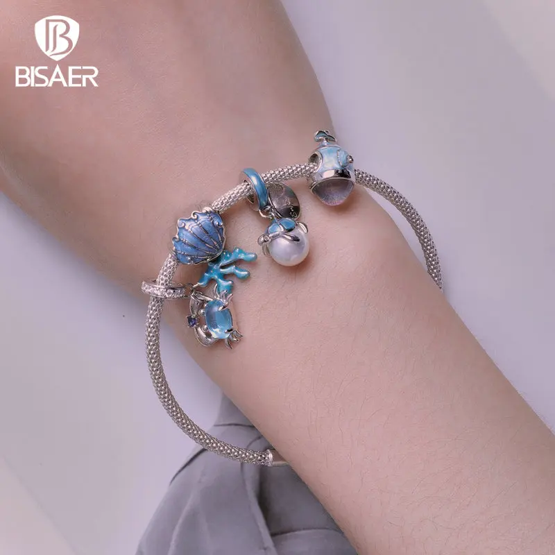 

BISAER Real 925 Sterling Silver Bule Turtle Crab Charm Bead Sea Shells Pendant For Women DIY Bracelet & Necklace Holiday Gifts