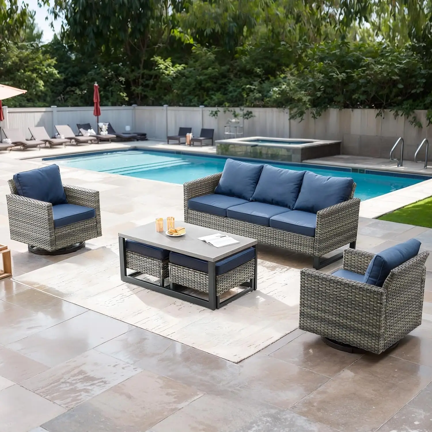 Wicker Patio Furniture Set 6 Piece With 2 Swivel Rocker Chairs 2 Ottoman 1 Sofa 1 Coffee Table For Porch Deck, Customized