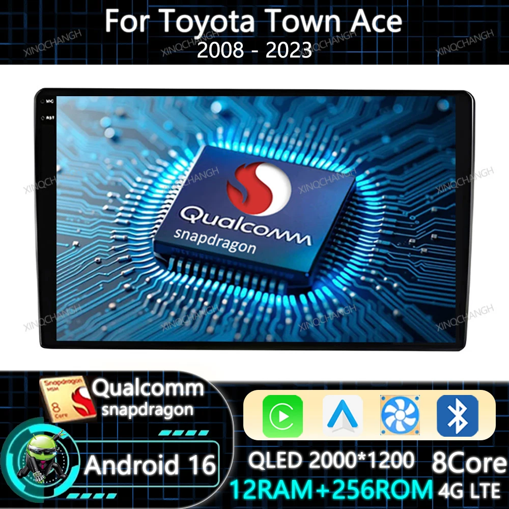 Android 16 Car Radio Carplay Auto For Toyota Town Ace 2008 - 2023 Head Unit 4G WIFI Qualcomm GPS BT 2DIN Navigation QLED BT GPS