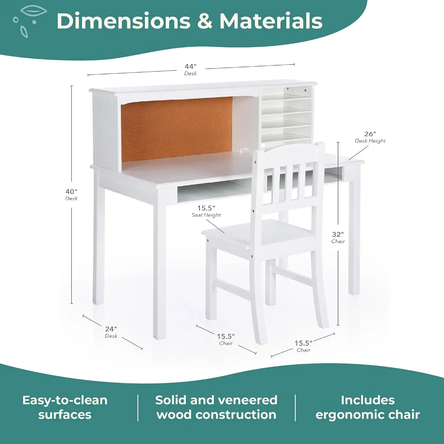 Kids Media Desk and Chair Set - White: Kids Writing Desk with Hutch and Storage Shelves, Computer Workstation with Corkboard, Wo