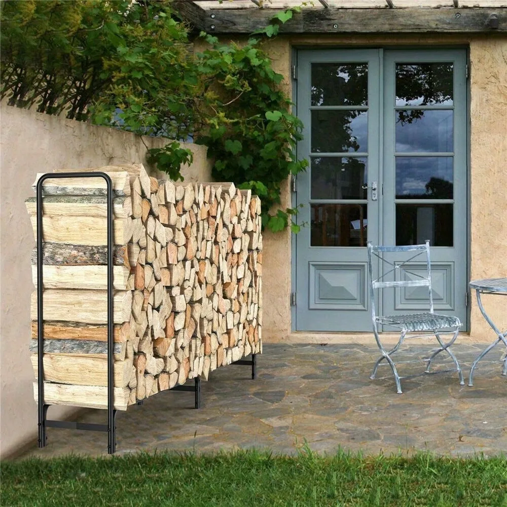 8FT XL Wrought Iron Firewood Log Rack Indoor Outdoor Heavy Duty Lumber Stacking