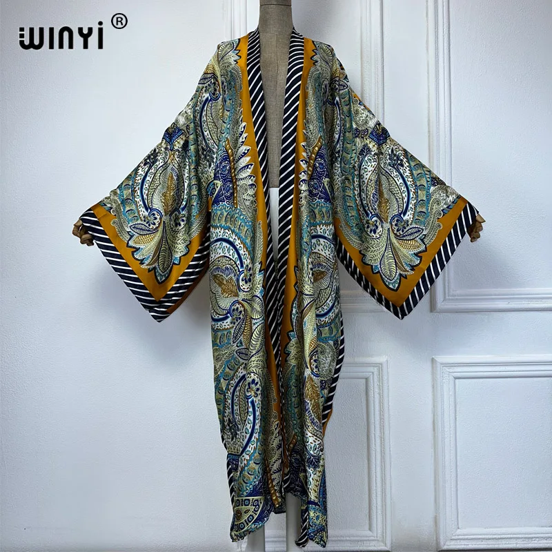 WINYI Africa popularna letnie kimono sukienka maxi okrycie plażowe sweter boho maxi płaszcz abayas print kaftan plażowa odzież damska 2024