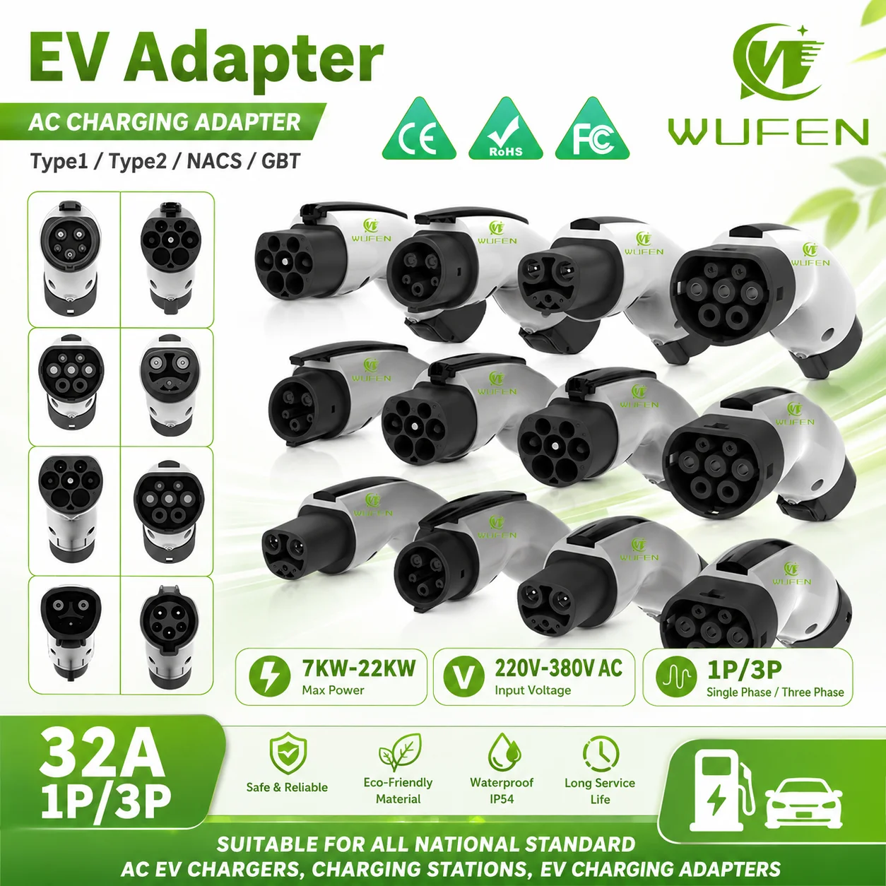 WUFEN for Tesla Type 1 J1772 Type 2 GBT Electric Vehicle Charging Adapter 32A 1P/3P 110V~380V AC 7KW~22KW EV Charger Connector