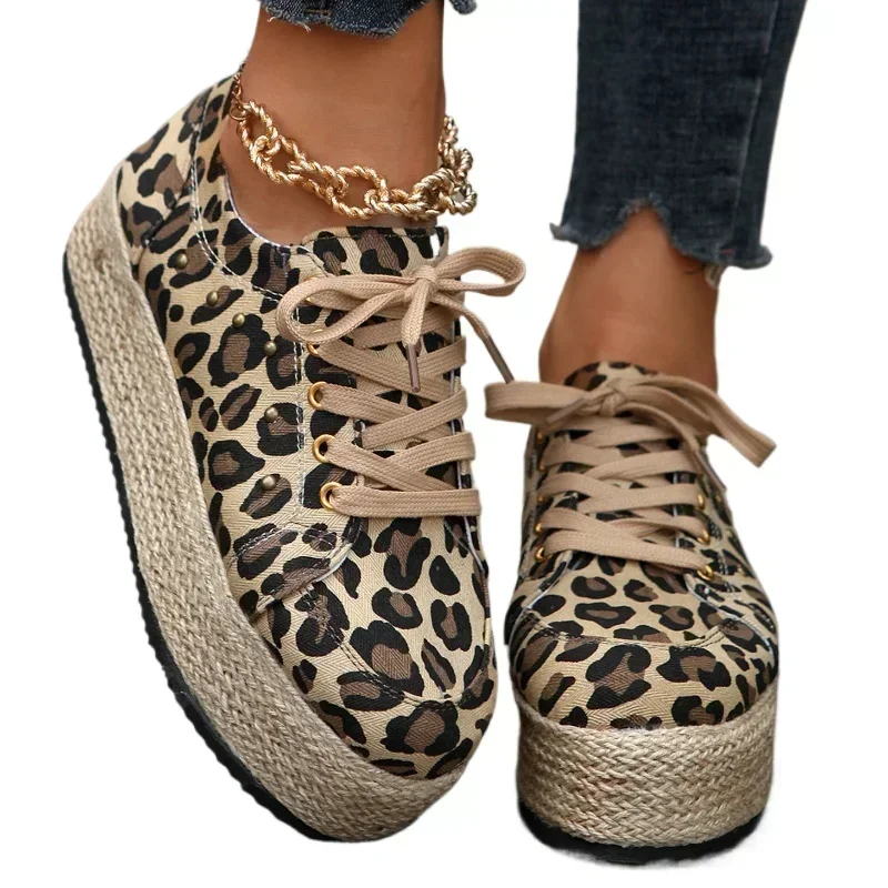 Ladies Spring Autumn New Round Toe Lace-up Shoes Breathable Leopard Print SneakersWomen Fashion Canvas Casual Shoes