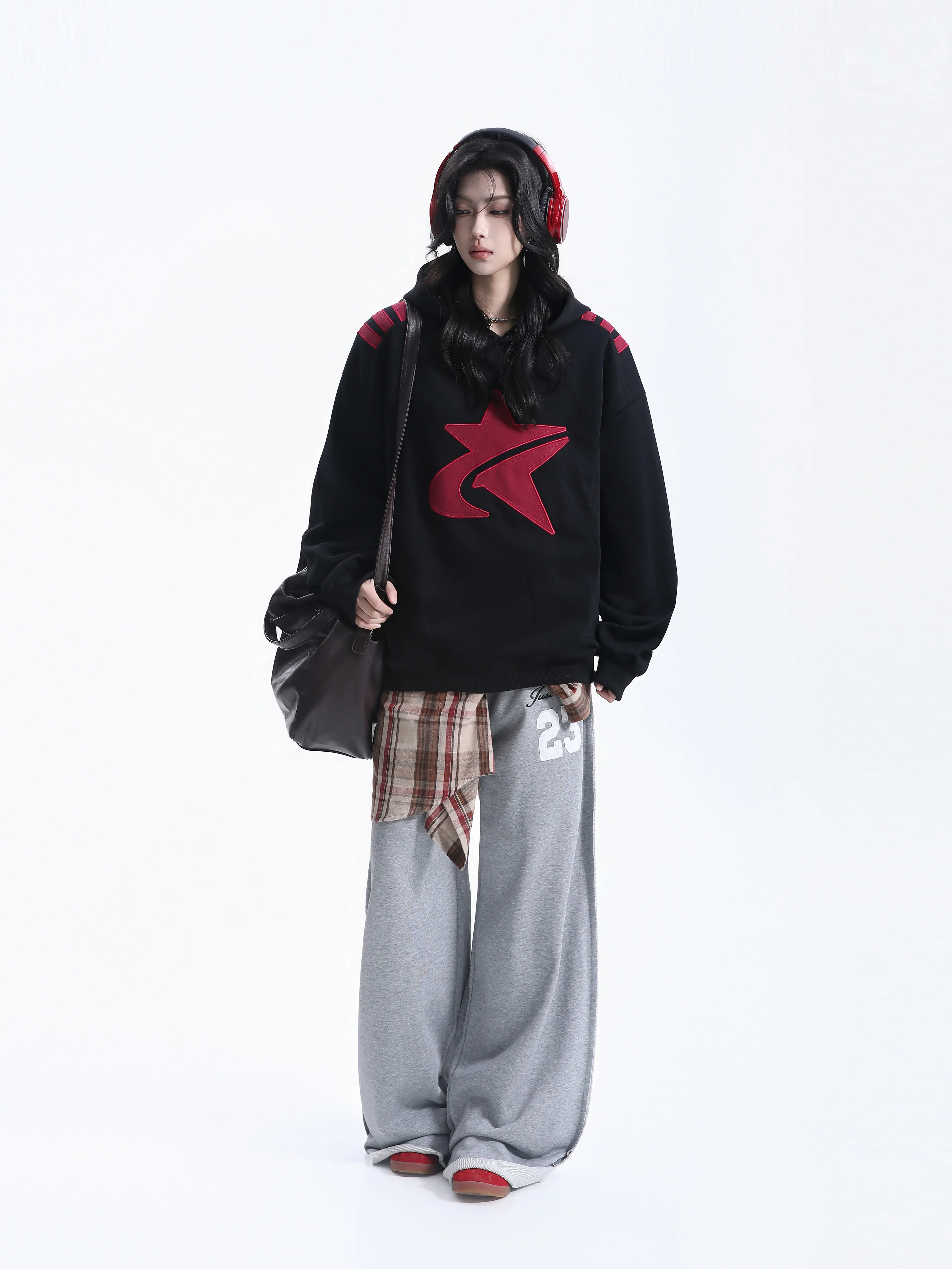 Small Ball American Style Star Patch Embroidered Hoodie Women's Trendy Oversize Couple Match Hat Shirt Cotton Polyester