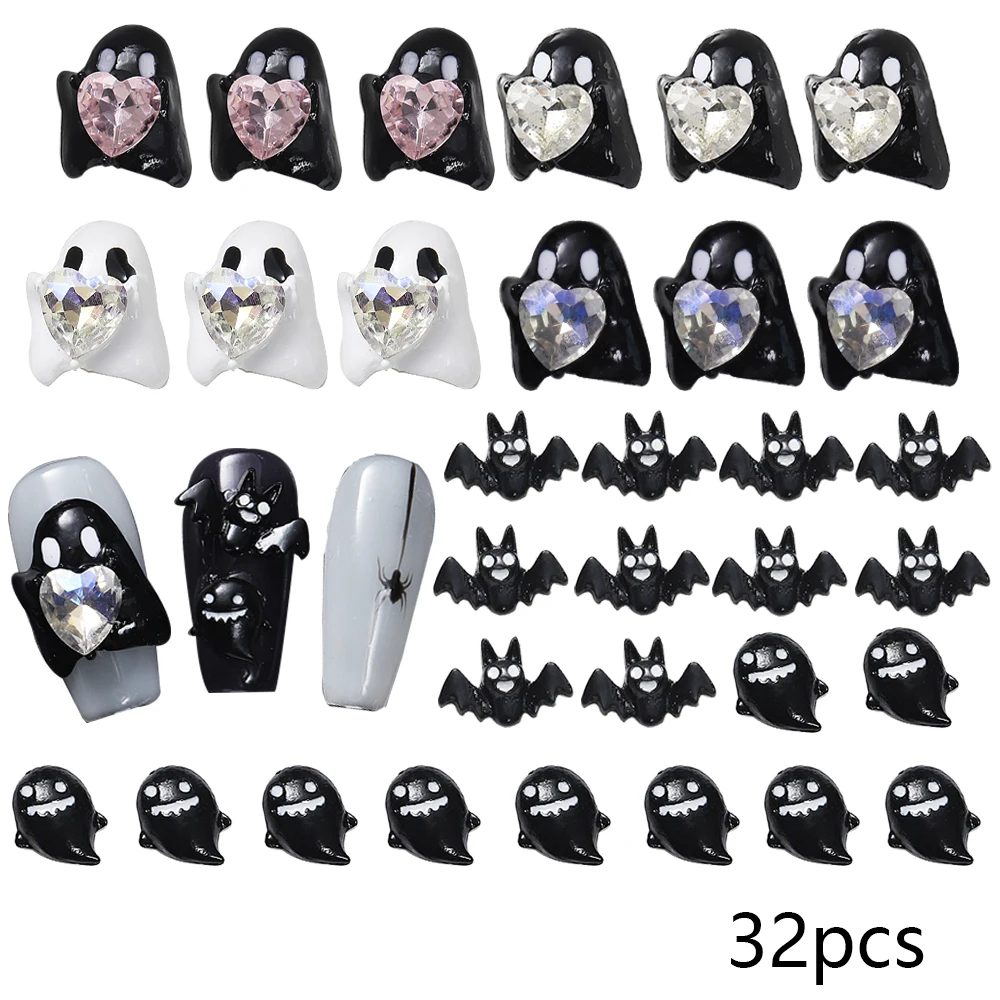 

32PCS Cute Ghost Nail Charms Rhinestone with Bat Halloween Decorations for Women Nail Art DIY 3D Punk Gem Alloy Nail Decorations