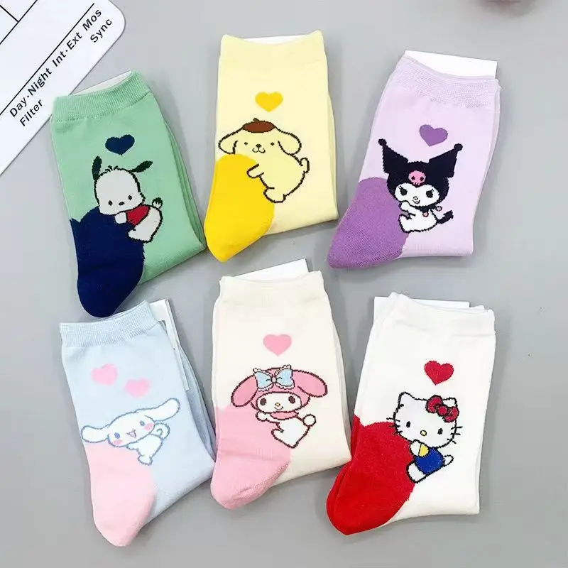 6 Paar neue japanische süße Cartoon-Damen-Mittellange Socken, koreanische Version, personalisierte Farbe, kleine Herzchen, Dopamin-Freizeitsocken – Detail 2
