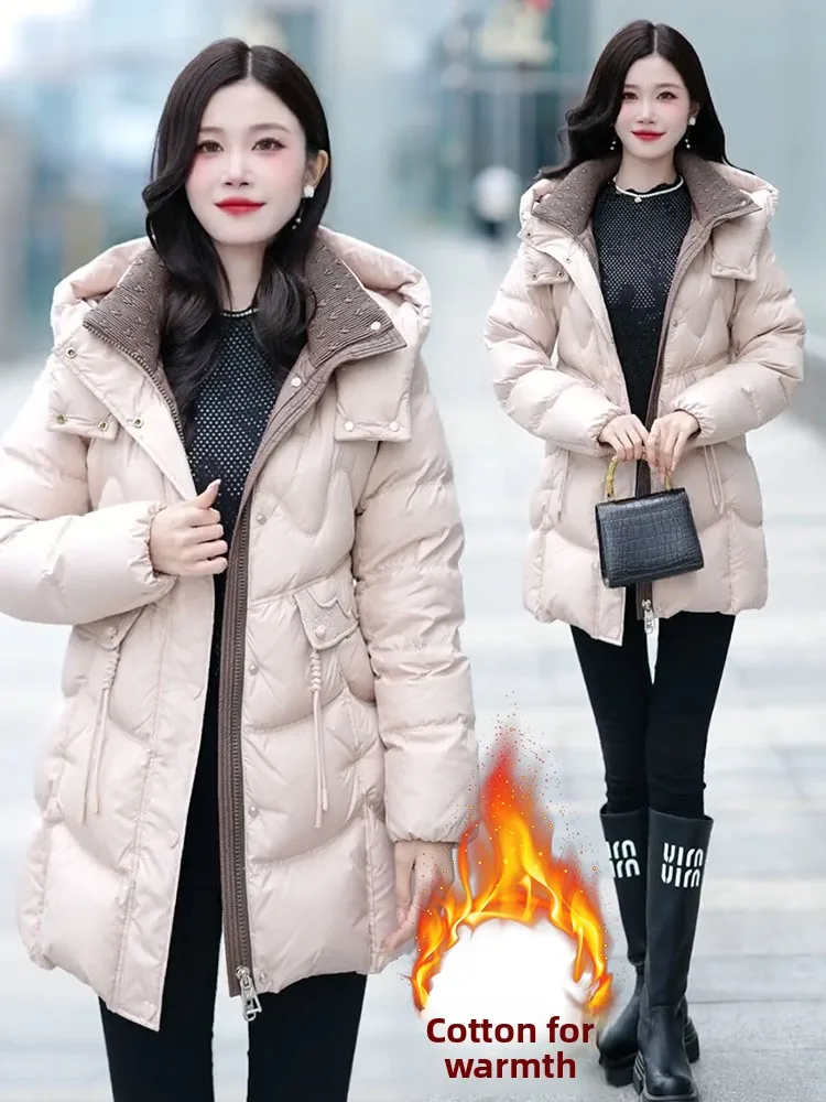 Thiened algodão para baixo Jaet feminino comprimento médio com capuz acolchoado casaco coreano sle commute solto ajuste longo sve fechamento com zíper