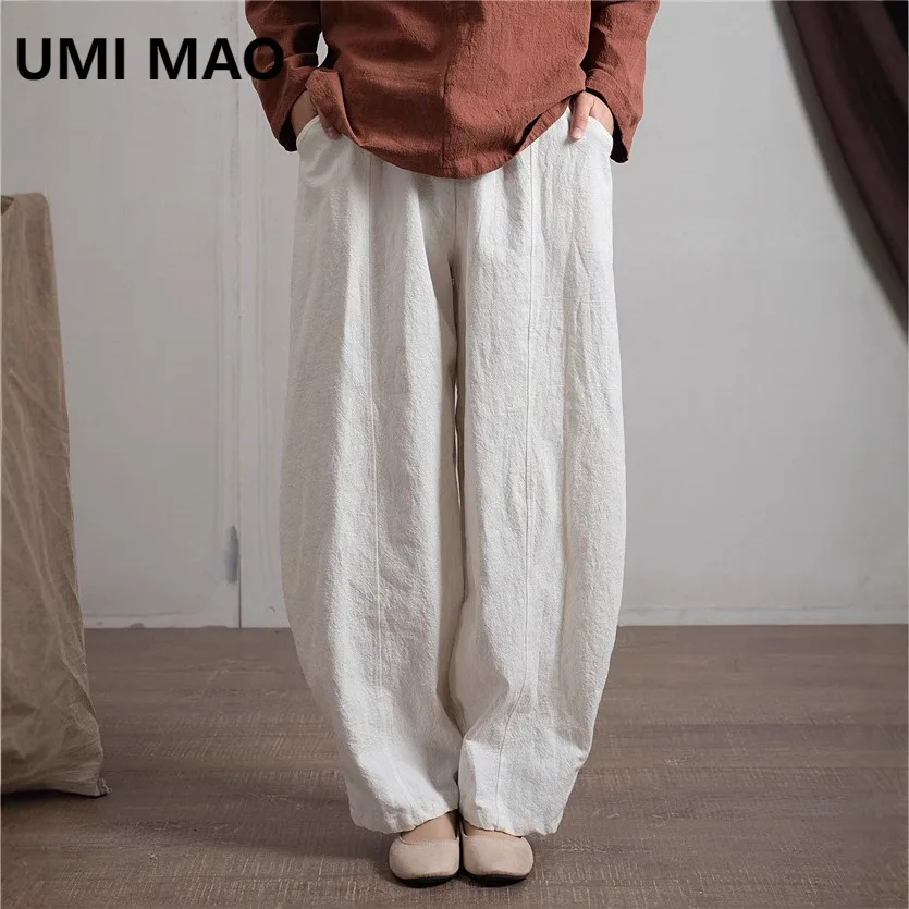 

UMI MAO Cotton And Linen Pant Women's Sand Washed Linen Front Panel Loose Trousers Comfortable Pants Femme