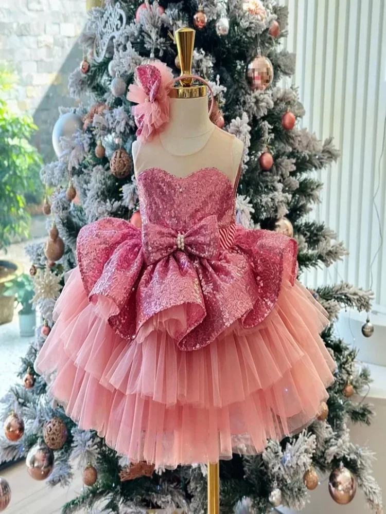 Vestido de lujo ligero personalizado para mujer, vestido de invitada de boda, vestido de niña para boda, fiesta de cumpleaños, desfile, con lentejuelas, lazo y falda de tul en capas.