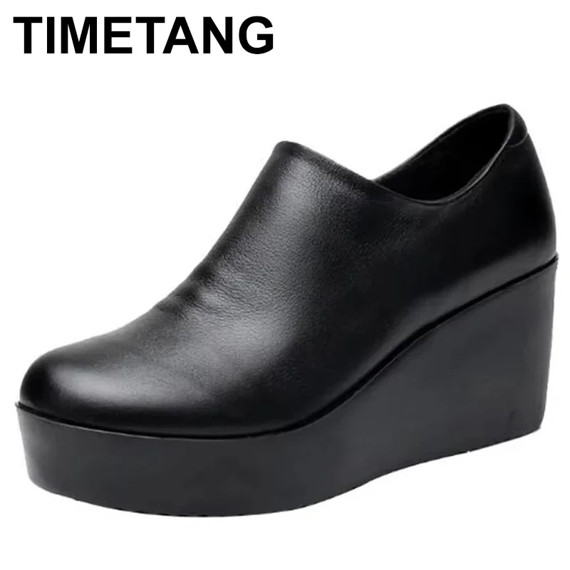 

Женская обувь на танкетке, весна-осень 2021, повседневная женская обувь на высоком каблуке без шнуровки с круглым носком из натуральной кожи, женская обувь на платформе