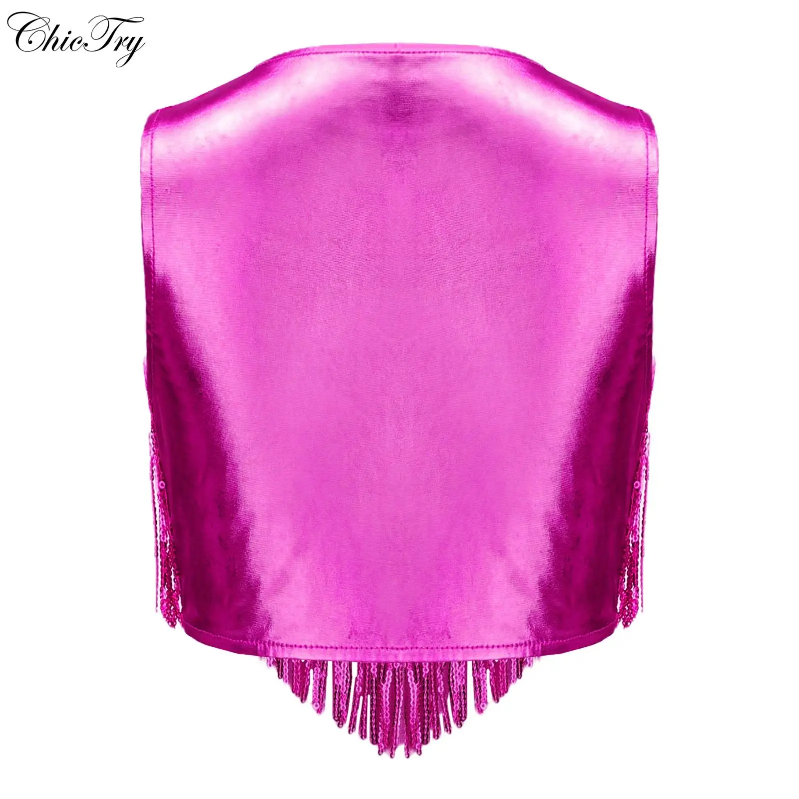 Kids Girls 70S Disco Dance Cosplay Costume Metallic Gloss Sequins Sleeveless Tassel Tank Tops for Stage Performance Party Wear