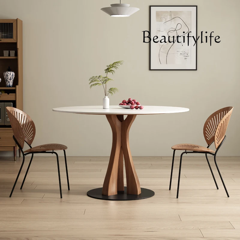 

Multi-tower solid wood round dining table simple pure white Deli Feng rock slab household dining table negotiation table