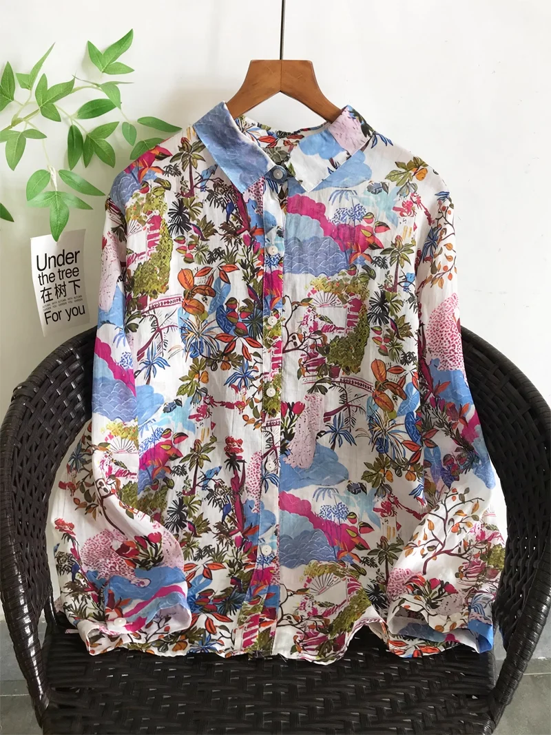 

Original Hawaiian shirt 2025 pure ramie linen tropical plant print shirts and blouses for women autumn long sleeve tops